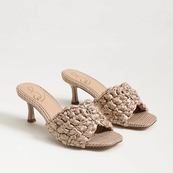 Sam Edelman Shoes - Sam Edelman Paisley Satin Logo Kitten Heel Mule Sandals in Ecru Ribbon Sz 9.5